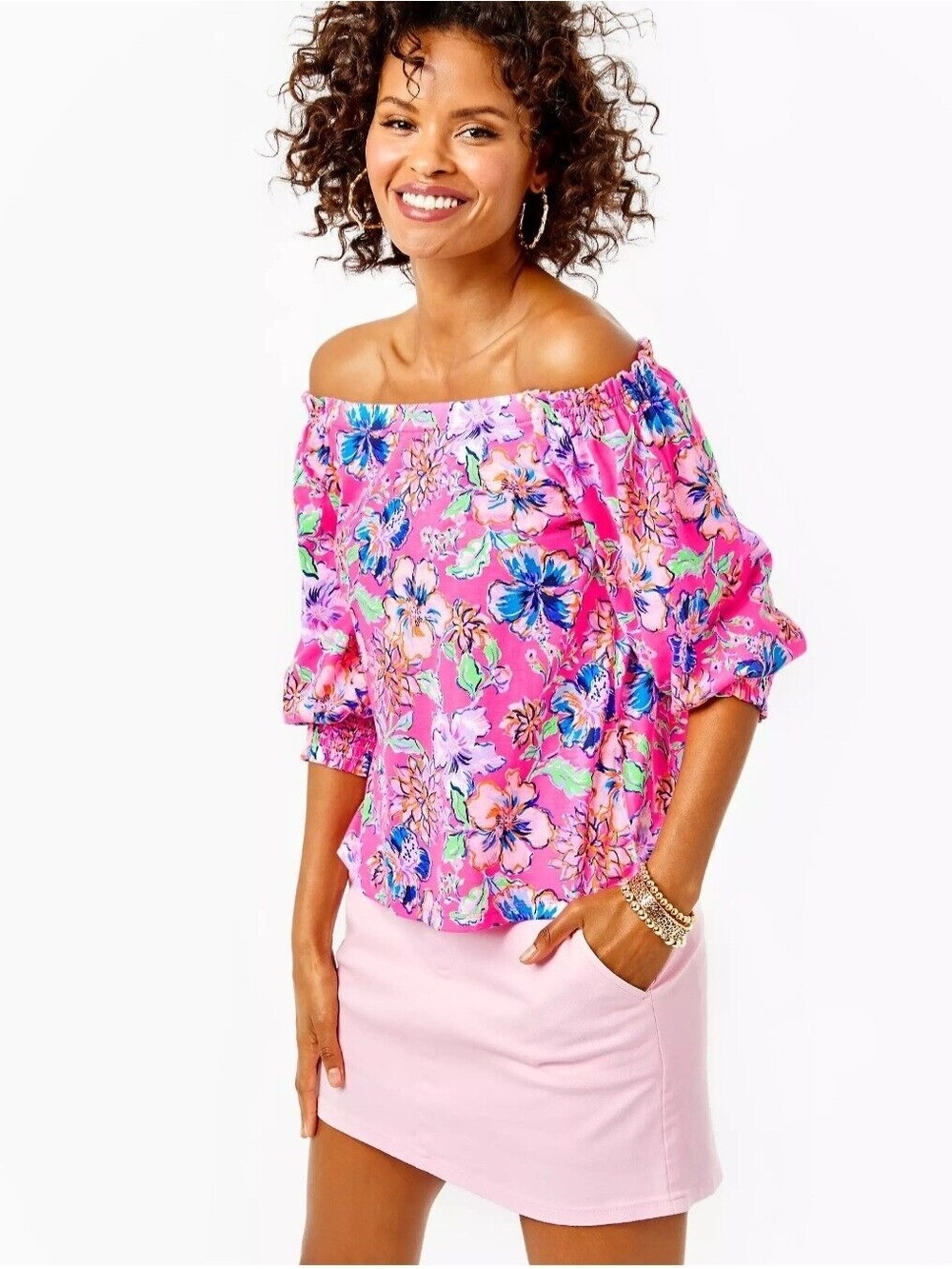Lilly Pulitzer Lessa Off The Shoulder Floral Tropical Blouse Size XS 100% Cotton